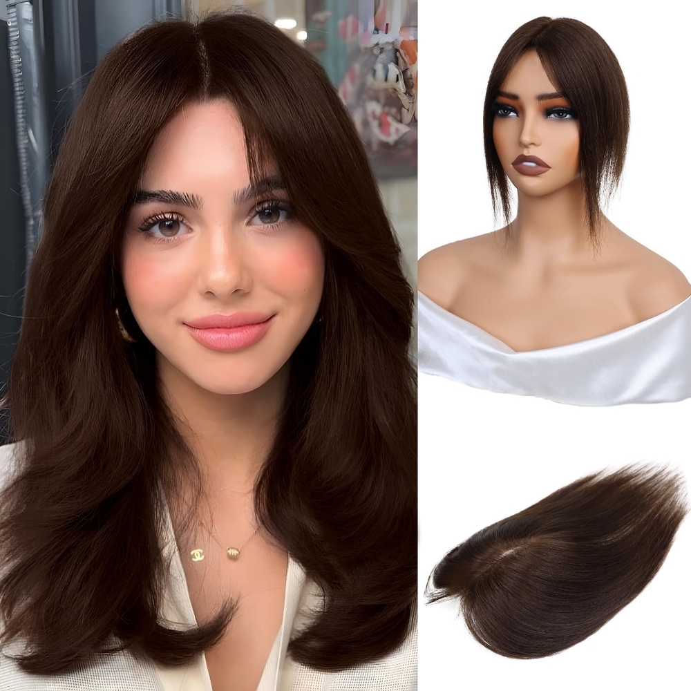 10 Real Human Hair Topper •‎ Silk Base Middle Part • Dark Brown • Clip-In Volume